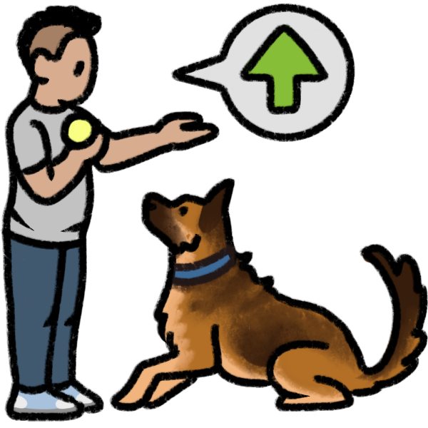  a german shepherd dog partially laying down, and a person with shaved sides holding a tennis ball in front of them and extending one hand. A speech bubble by the trainer has an upwards green arrow.